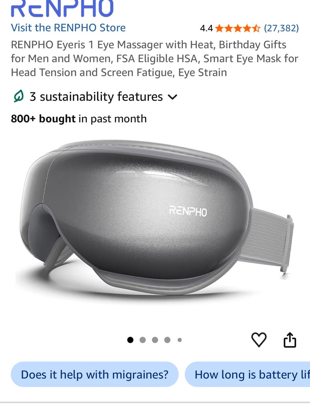 Gray Renpho Eyeris 1 Smart Eye Massager with Heat